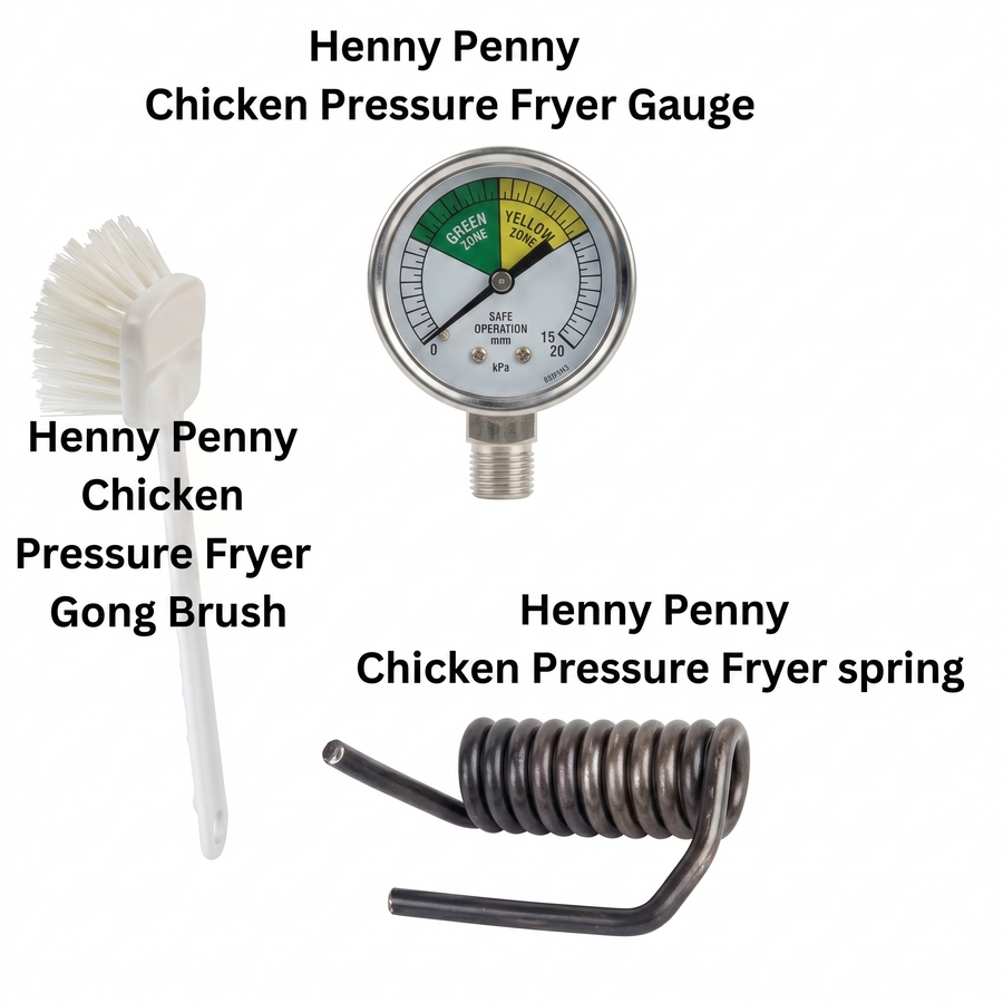 Henny Penny Pressure Fryer Gauge 16910, Rear Spring 75293 and Gong Brush 12116