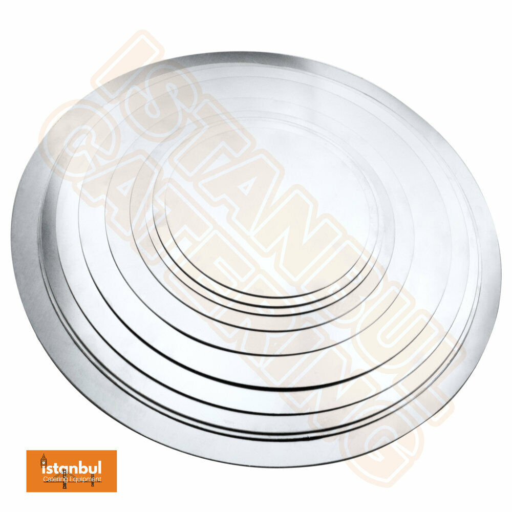 Stacked Aluminium Pizza Pan Lid Separator Tray Set - Pack of 10 showing the different sizes available for perfect pizza baking.