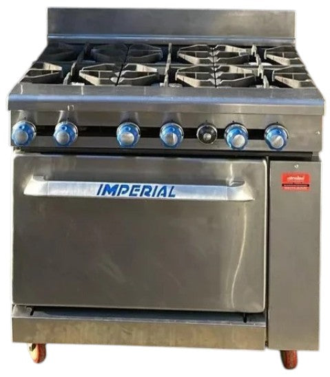 Commercial Natural Gas Imperial Six Burner Range Oven showcasing its heavy-duty castors and stainless-steel design, perfect for professional kitchens.