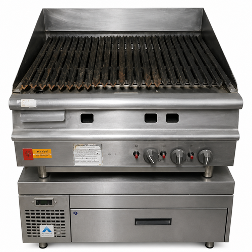 Falcon Char Grill 3 Burner Natural Gas Original Peri Peri 90cm, perfect for grilling steaks, burgers, and chicken in commercial kitchens.