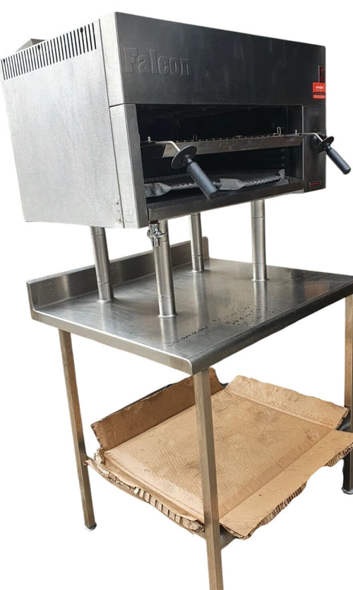 Falcon Natural Gas Salamander Grill 90cm with Table showcasing its heavy-duty construction and powerful burners ideal for professional kitchens.