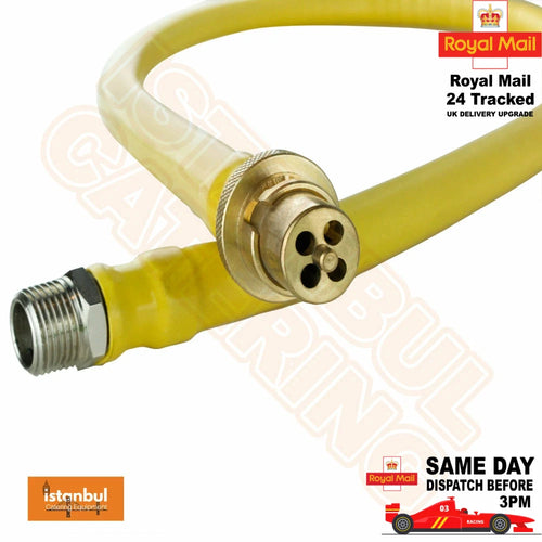 Stylish 1/2"X 1200mm Yellow Gas PIPE 1/2" Male-1/2" Bayonet used in Archway Doner machine Grill, perfect for commercial kitchens.