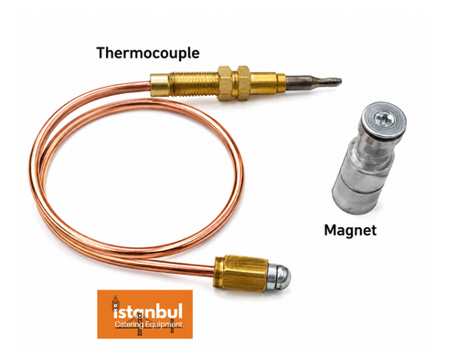 Archway Thermocouple 30cm & Magnet for Doner Kebab Shawarma Machine Gas Safety, designed to enhance the safety of gas-powered catering equipment and prevent hazards during cooking.