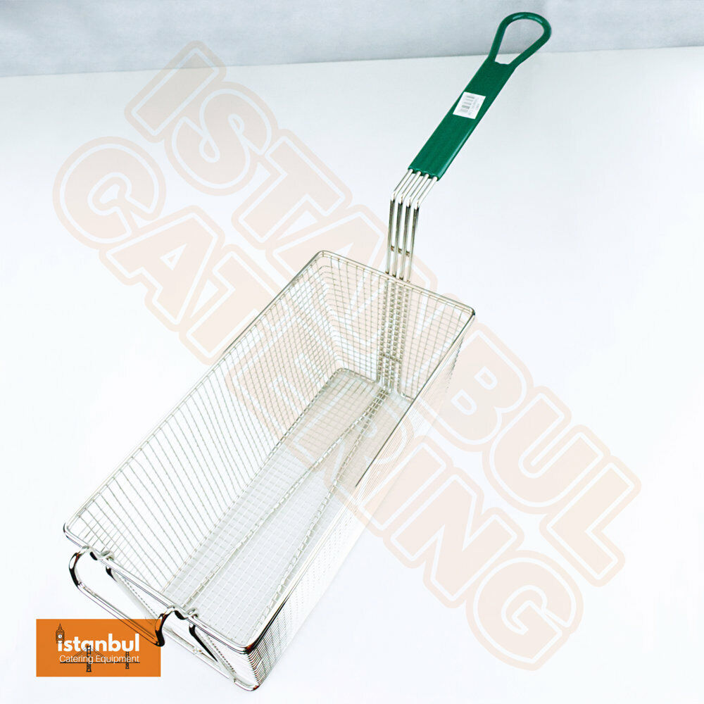 Heavy Duty Rectangular Chip Fat Frying Deep Fryer Basket in use for frying chips, demonstrating its capacity and durability as a reliable deep fryer basket.