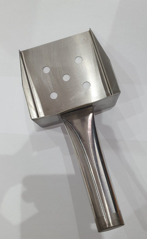 Close-up view of the Chip Scoop Heavy Duty Hand Made Stainless Steel, highlighting the polished finish and sturdy construction for serving fries.