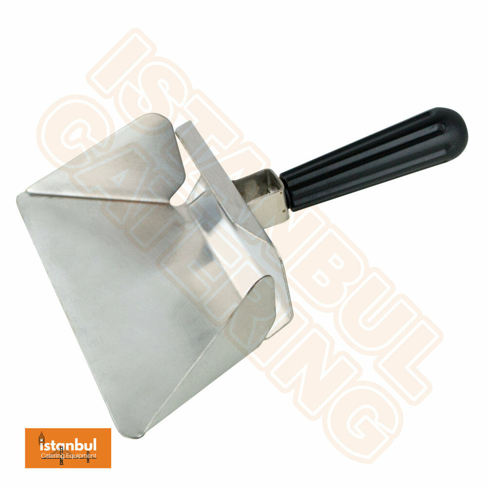 Chips Bagger Stainless Steel Chip Scoop Fry Bagger Takeaway Kebab Shop showing the sleek design and ergonomic grip for easy handling in kitchens and takeaways.