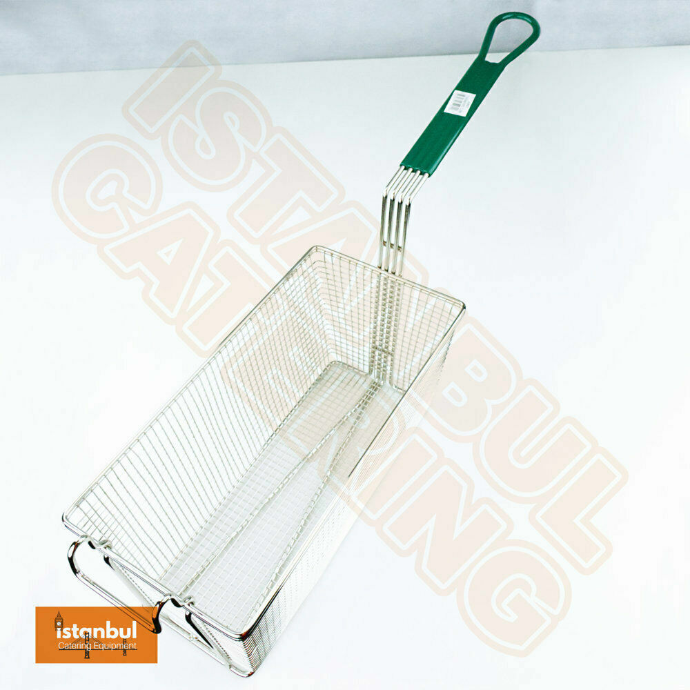 The Pitco Blue Seal Universal Heavy Duty Rectangular Professional Fry Basket with a comfortable green non-slip handle.
