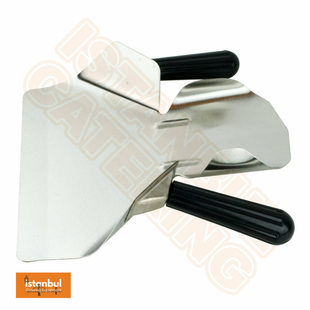 Professional Heavy Duty Chip Scoop Metal French Fries Bagger Chips Scoop being used to scoop fries, demonstrating its efficiency and perfect portioning capabilities.
