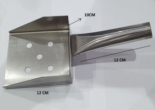 Chip Scoop Heavy Duty Hand Made Stainless Steel showing a 10oz capacity with a 12cm x 10cm serving area and a comfortable 12cm handle.