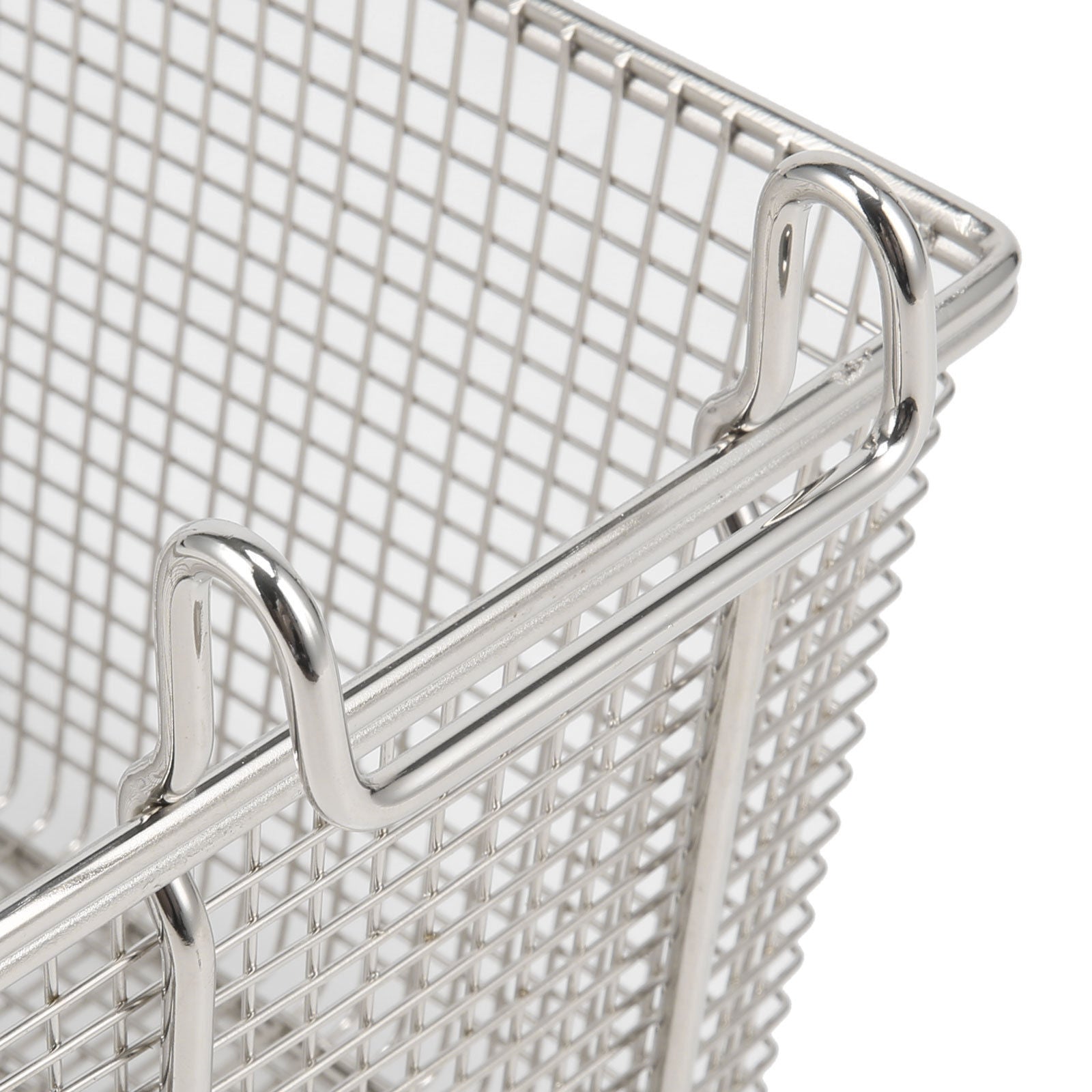 Detailed view of the Heavy Duty Rectangular Chip Fat Frying Deep Fryer Basket highlighting its nickel plated finish, a stylish and functional deep fryer basket.